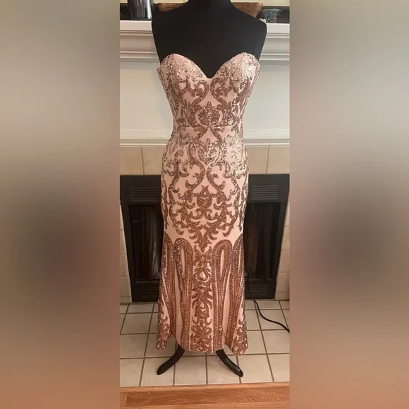Bariano | Dresses | Bariano Nude And Gold Strapless Gown | Poshmark